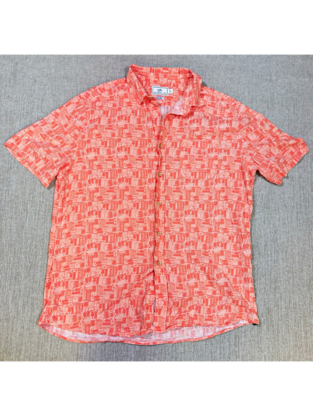 Southern Tide Mens Large Orange Coral Print Linen Rayon Short Sleeve Button Up
